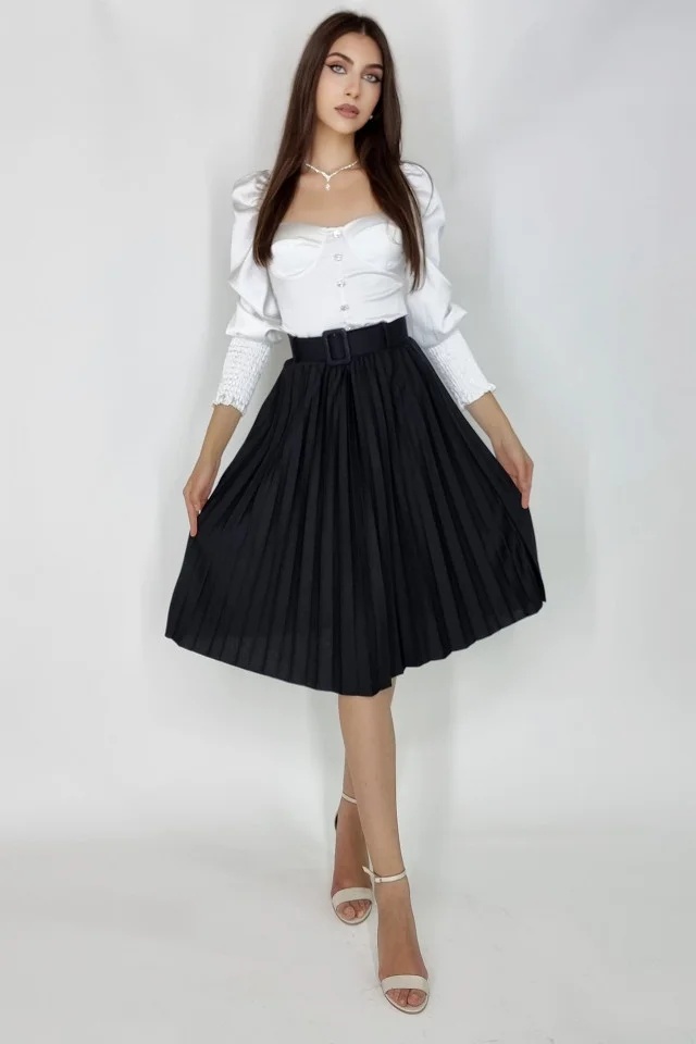 Fusta plisata eleganta Carmen, curea de aceeasi culoare inclusa, Negru, Marime universala S/M