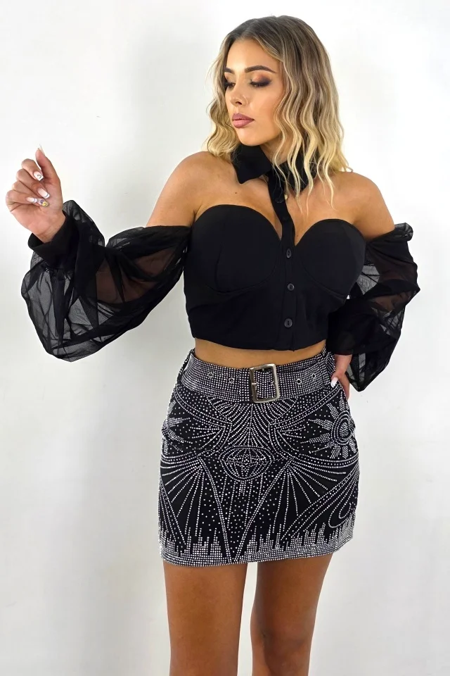 Fusta scurta Paola cu imprimeu abstract, din paiete si curea, Negru, Marime S/M