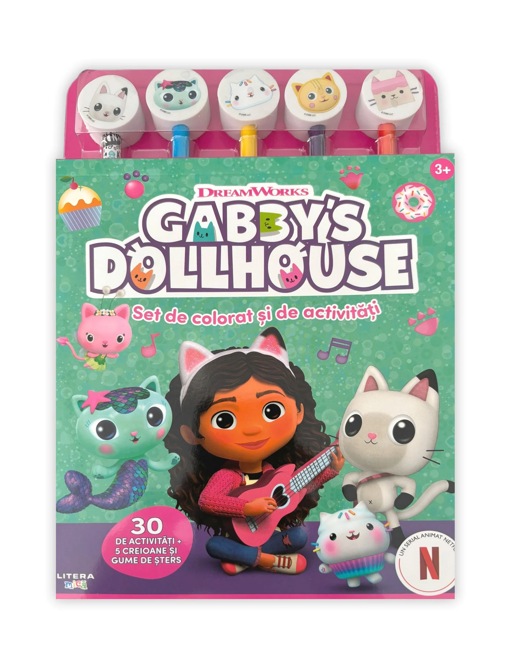 Gabby's Dollhouse. Set de colorat si de activitati. 30 de activitati + 5 creioane si gume de sters