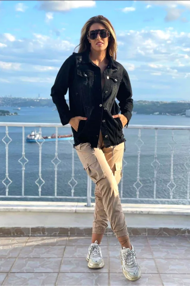 Geaca denim Betta, cu lungime medie si perforatii pe toata linia croielii, Negru