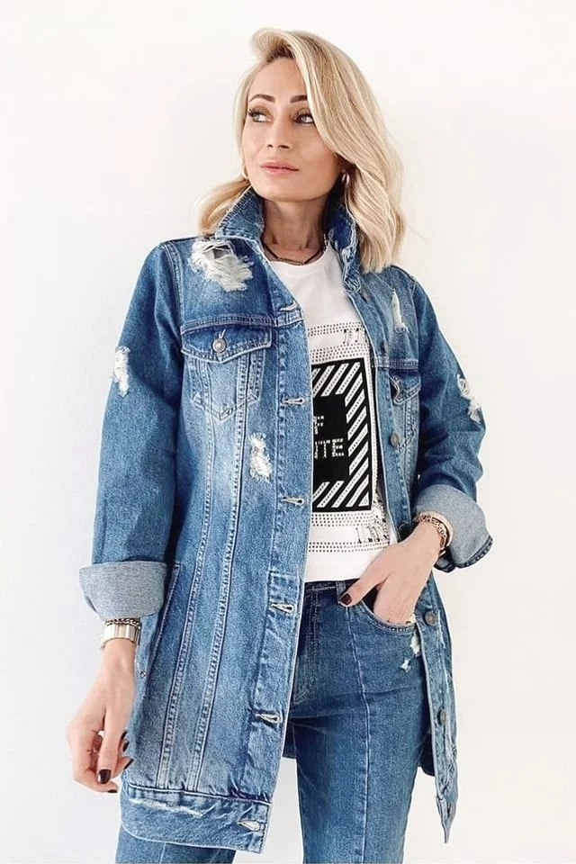 Geaca denim lunga DiSonia, cu perforatii pe toata linia croielii