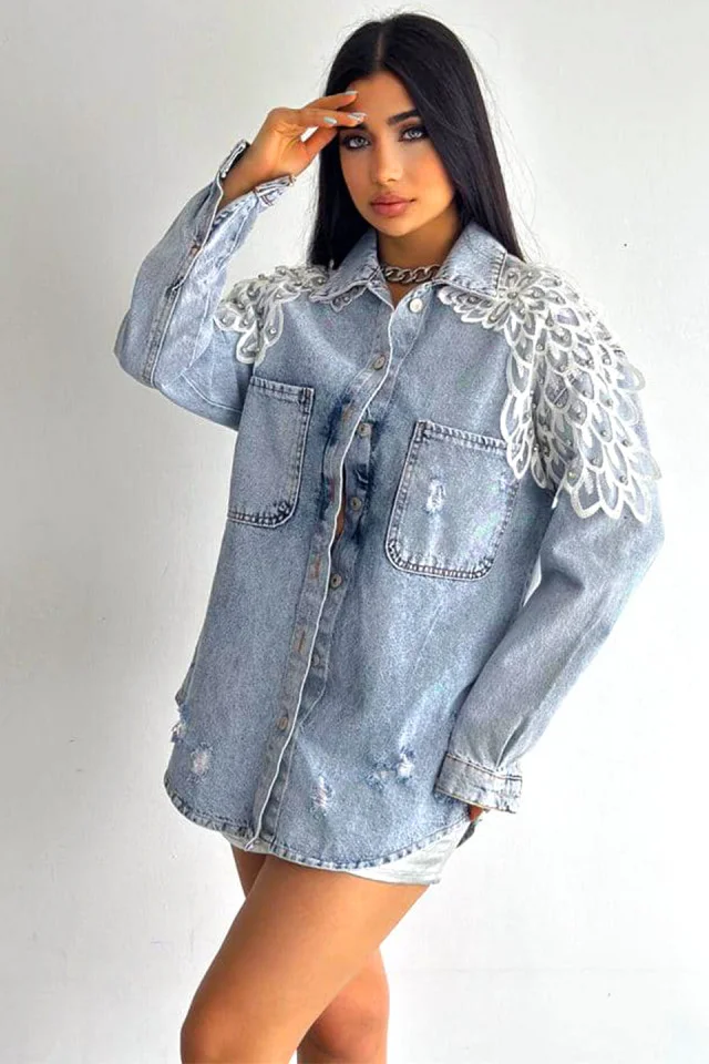 Geaca lunga din denim Oros, cu perforatii si pietre aplicate, Bird, Albastru baby blue