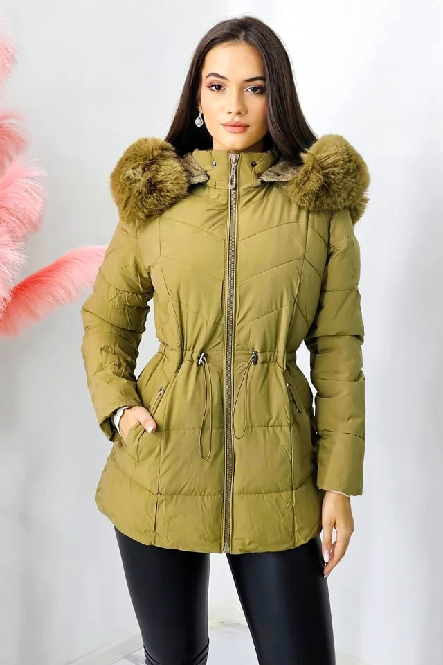 Geaca matlasata Iulia, cu snur in talie si gluga imblanita, Verde Kaki