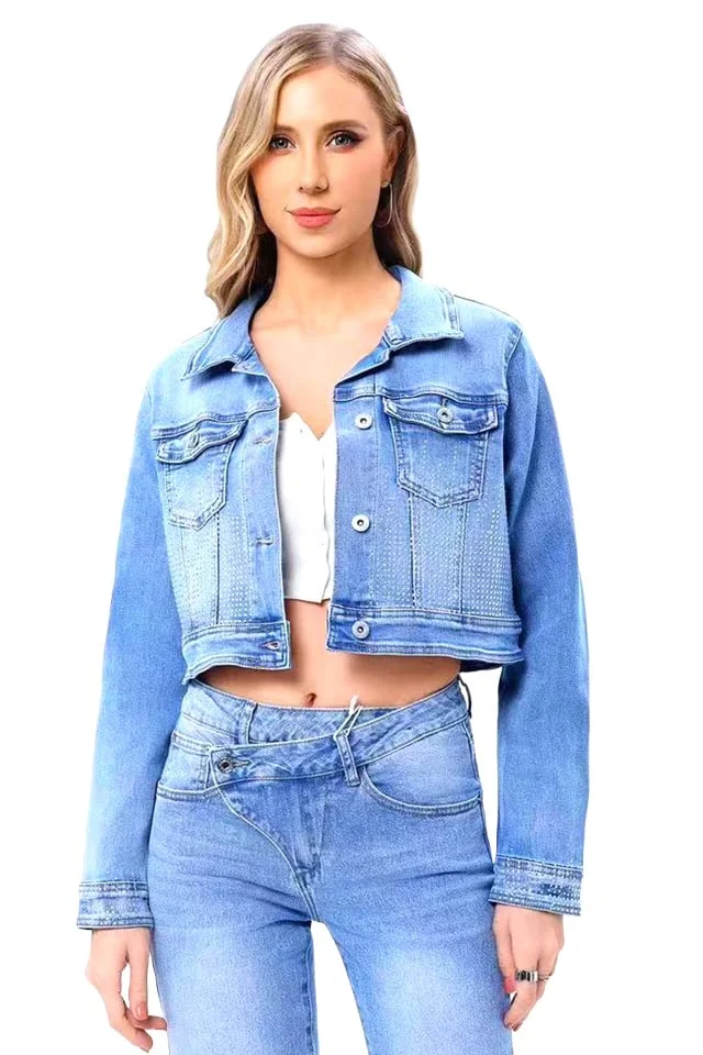 Geaca scurta din denim Thesa, cu aspect prespalat, Albastru deschis