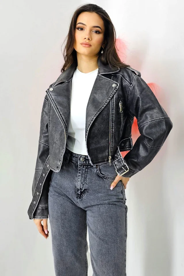 Geaca scurta San Luis, din piele ecologica, cu fermoar lateral si epoleti decorativi, Gri