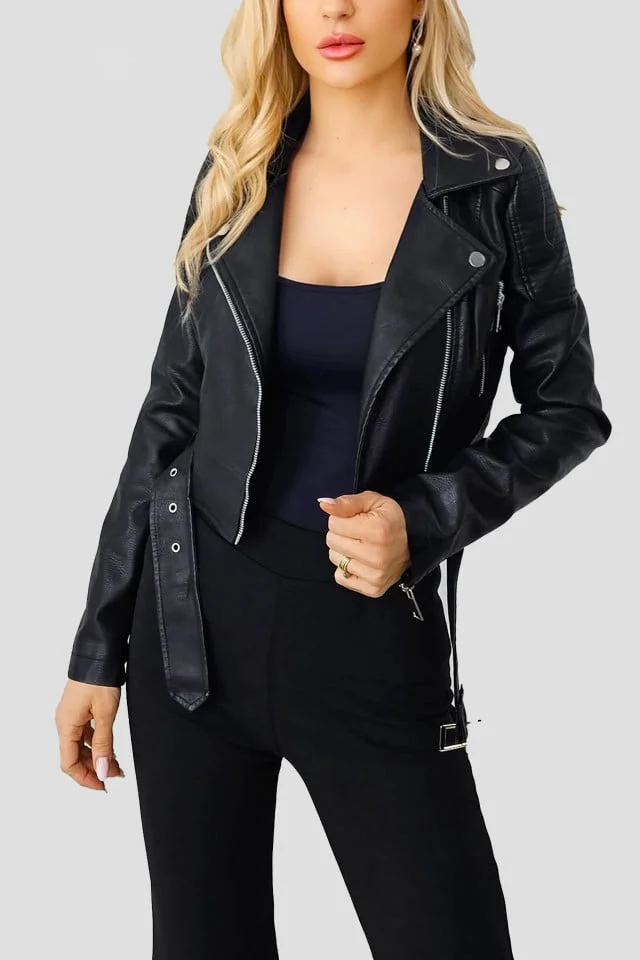 Geaca scurta Zinga, din piele ecologica, cu fermoar lateral si curea, Negru