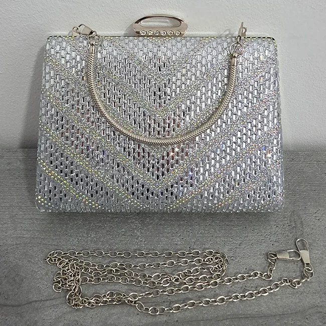 Geanta clutch pentru evenimente SUN POP, cu strasuri multicolore, Argintiu