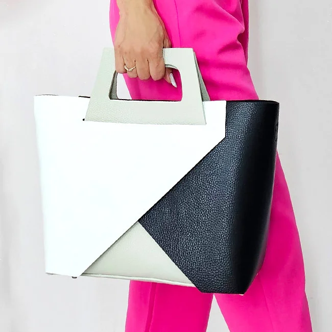 Geanta dama din piele naturala texturata Chest, cu borseta detasabila, Negru/Alb