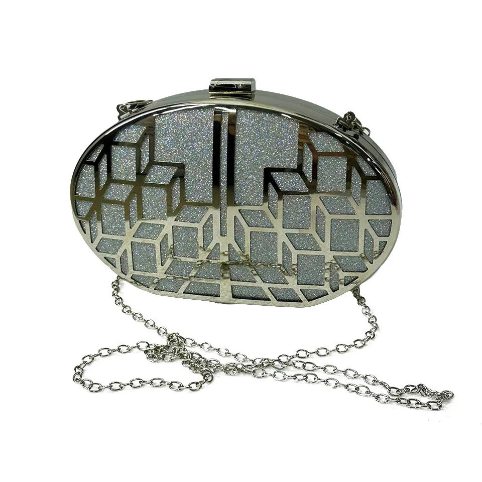 Geanta de ocazie, Cubic, cu design geometric si un compartiment principal, Argintiu