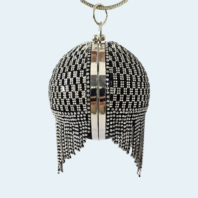 Geanta de ocazie, Shining Sphere, cristale, aspect geometric si laturi metalice, Negru/Argintiu