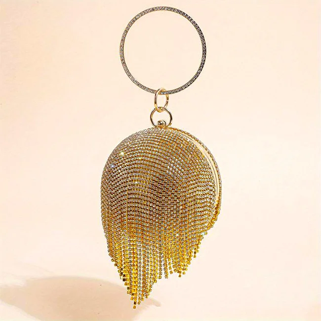 Geanta de ocazie, Shining Sphere, cu lanturi metalice si strasuri artizanale, Auriu