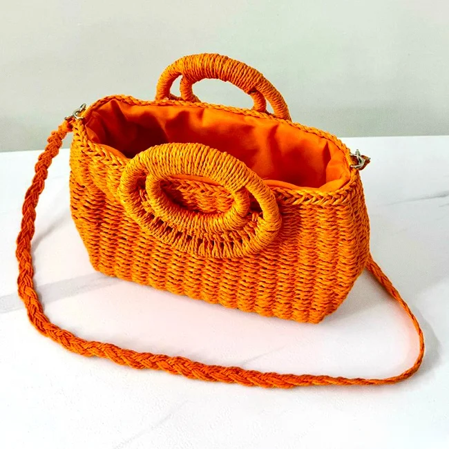 Geanta de plaja STRAW, crossbody, cu husa si lant detasabil, Portocaliu