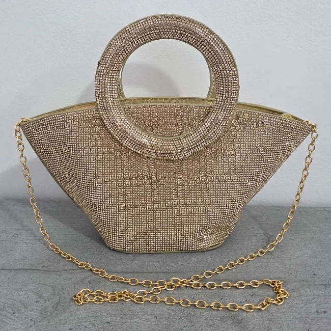 Geanta de seara Trapez, cu lant detasabil si cristale stralucitoare, Auriu