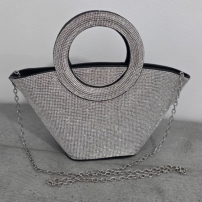 Geanta de seara Trapez, cu lant detasabil si cristale stralucitoare, Negru