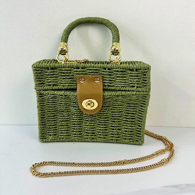 Geanta de vara Nevada, tip cufar si aspect de ratan, Verde