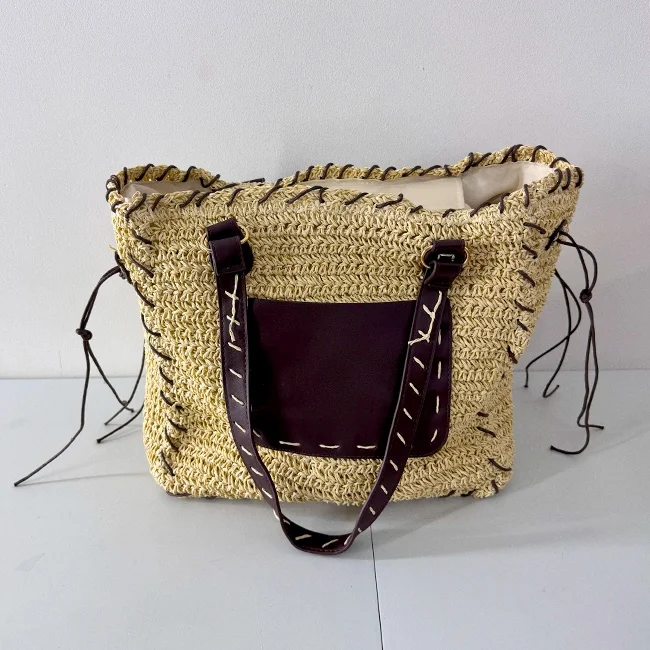 Geanta plaja NOVVA, cu buzunare si manere lungi, Crem