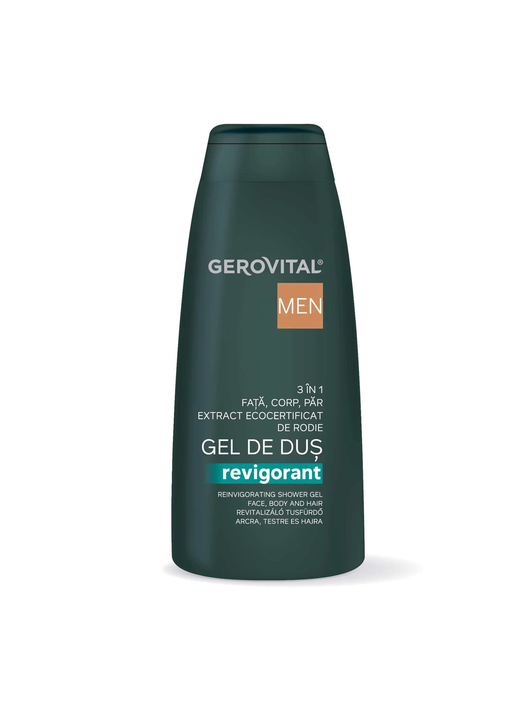 Gel De Duș Revigorant 3 n 1 Cu Extract De Rodie  Hidratare și ngrijire Pentru Față, Corp și Păr, Efect Energizant, Gerovital Men, 400 Ml
