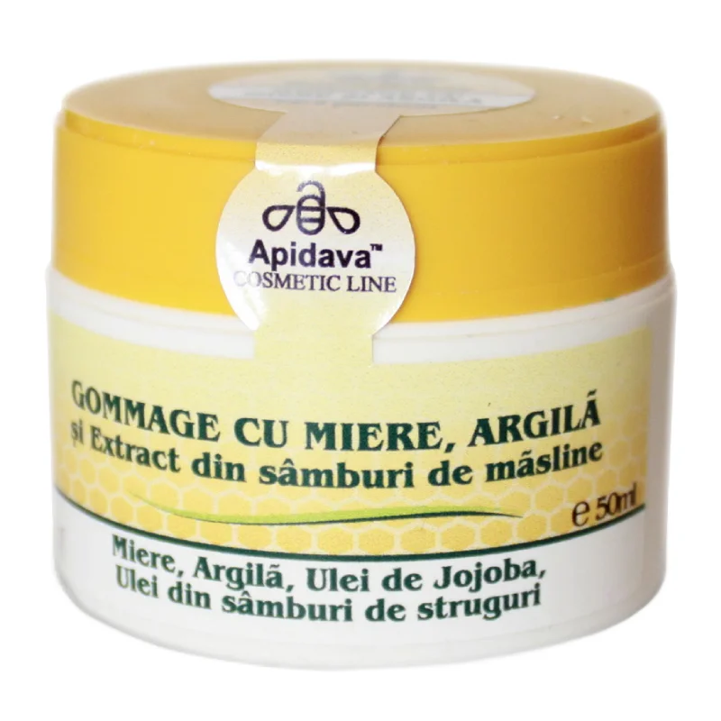 Gommage cu miere, argila si extract din samburi de masline, 50 ml, Apidava