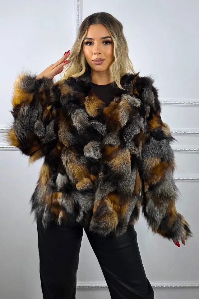 Haina de dama din blana naturala de vulpe FELYNA, croi mediu, Bej/Gri, Marime S/M/L