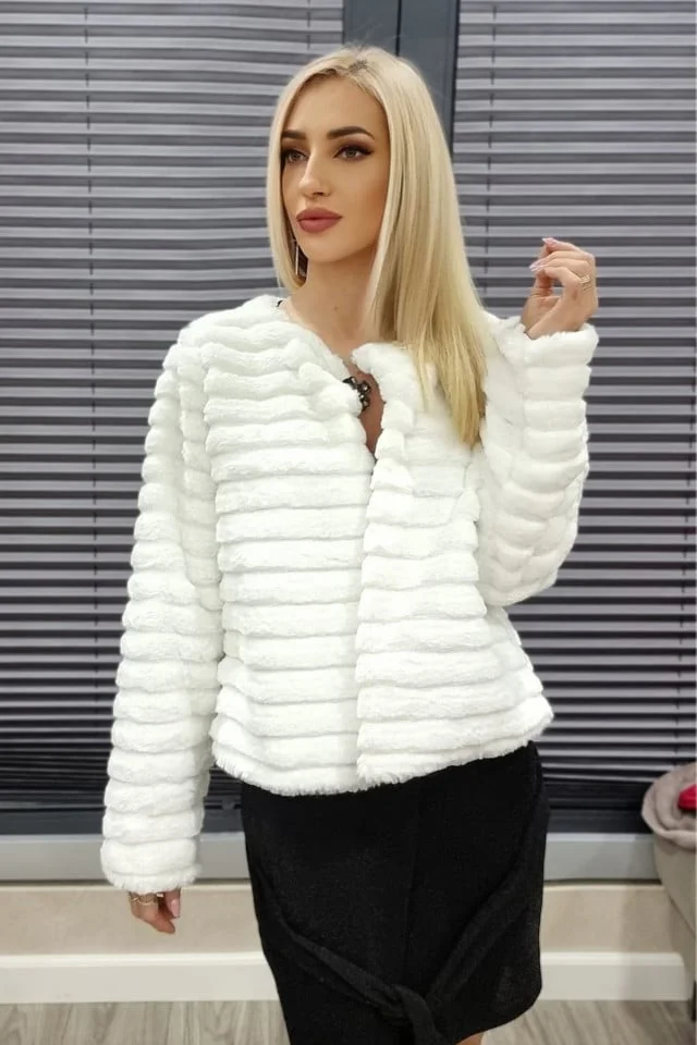 Haina din blana ecologica Feny, cu maneca lunga, lungime medie si accesoriu inclus, Alb, Marime universala M/L