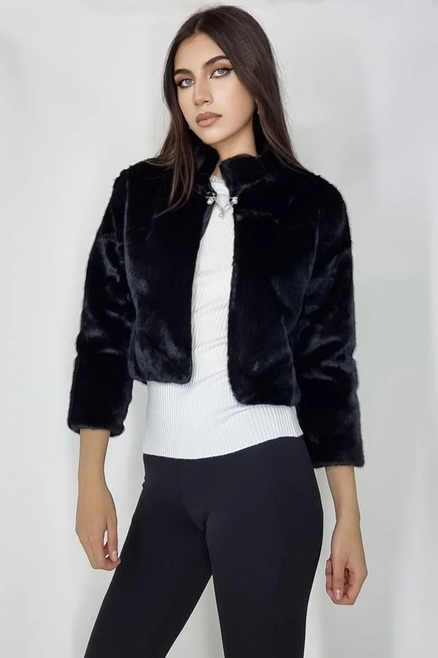 Haina din blana ecologica Graziana, cu maneca trei sferturi si accesoriu inclus, Negru, Marime universala S/M