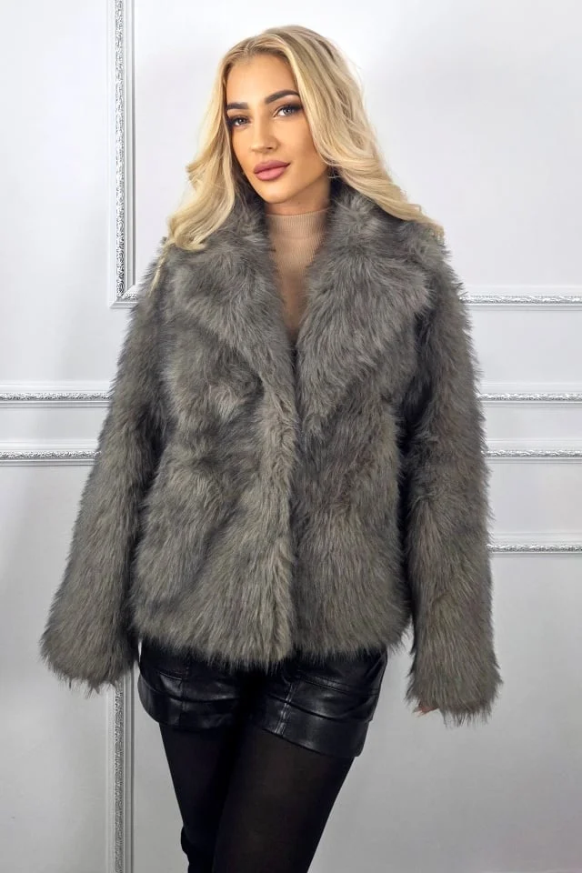 Haina scurta de dama Kasmina, din blana ecologica, cu buzunare, Gri, Marime S/M