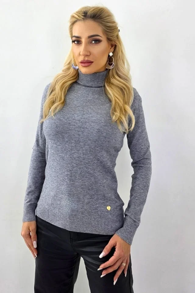 Helanca office din casmir si lana, PATY Roll, cu guler rulat, Gri, Marime S/M