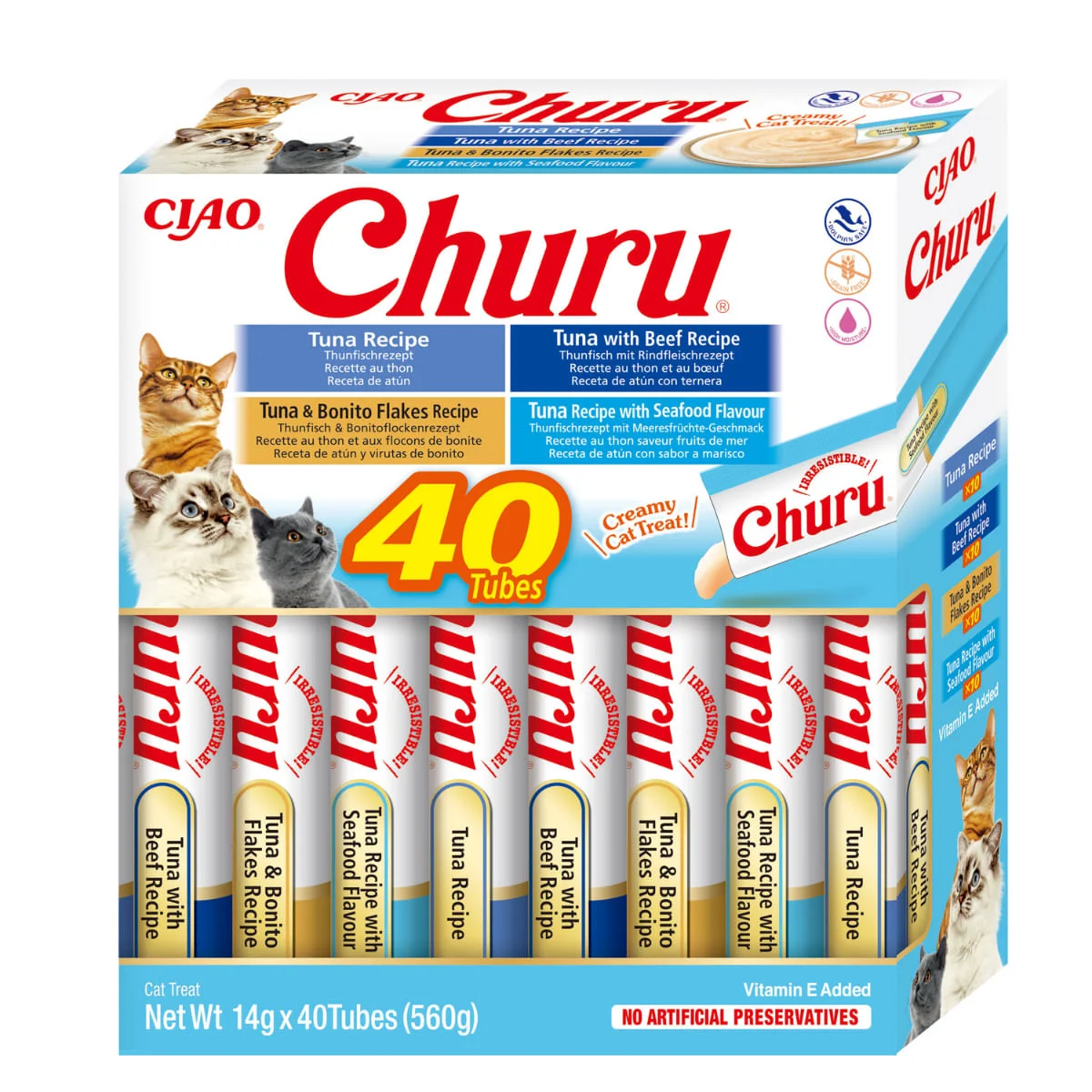 INABA Churu Creamy Varieties, Ton, cutie recompense fără cereale pisici, (piure), 560g