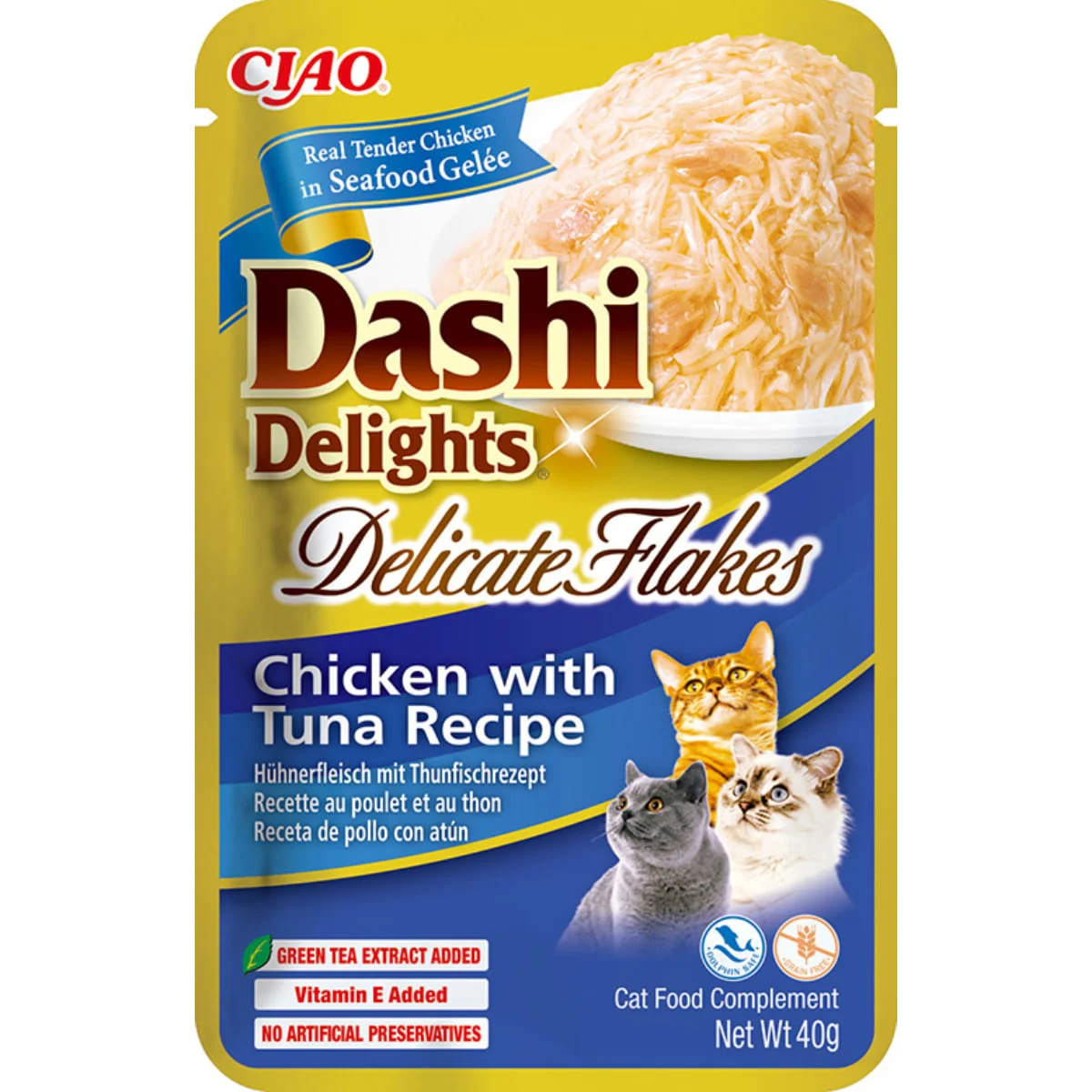 INABA Churu Dashi Delights Delicate Flakes, Pui și Ton, plic hrană umedă fără cereale pisici, (topping), 40g