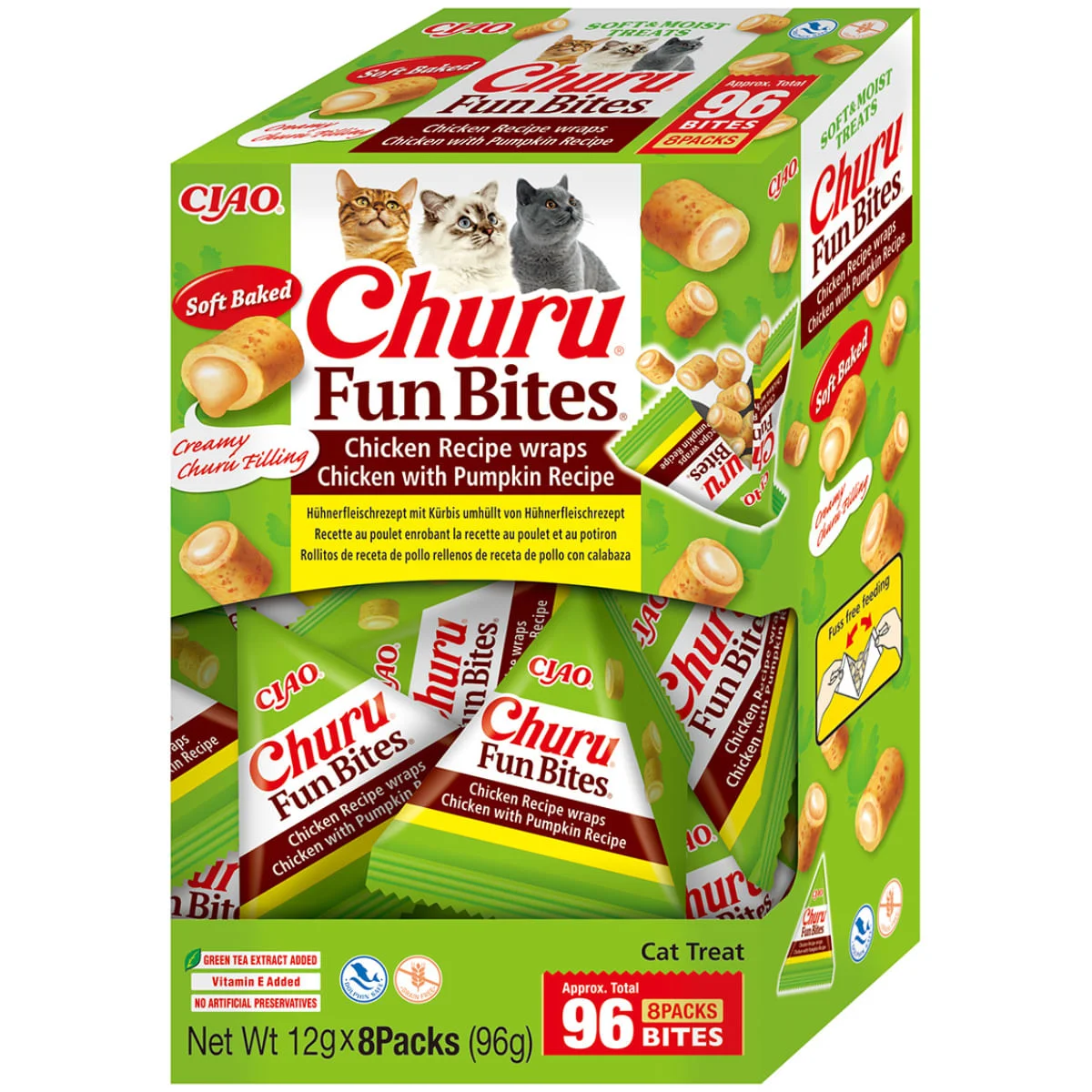 INABA Churu Fun Bites, Pui și dovleac, cutie recompense fără cereale pisici, 96g