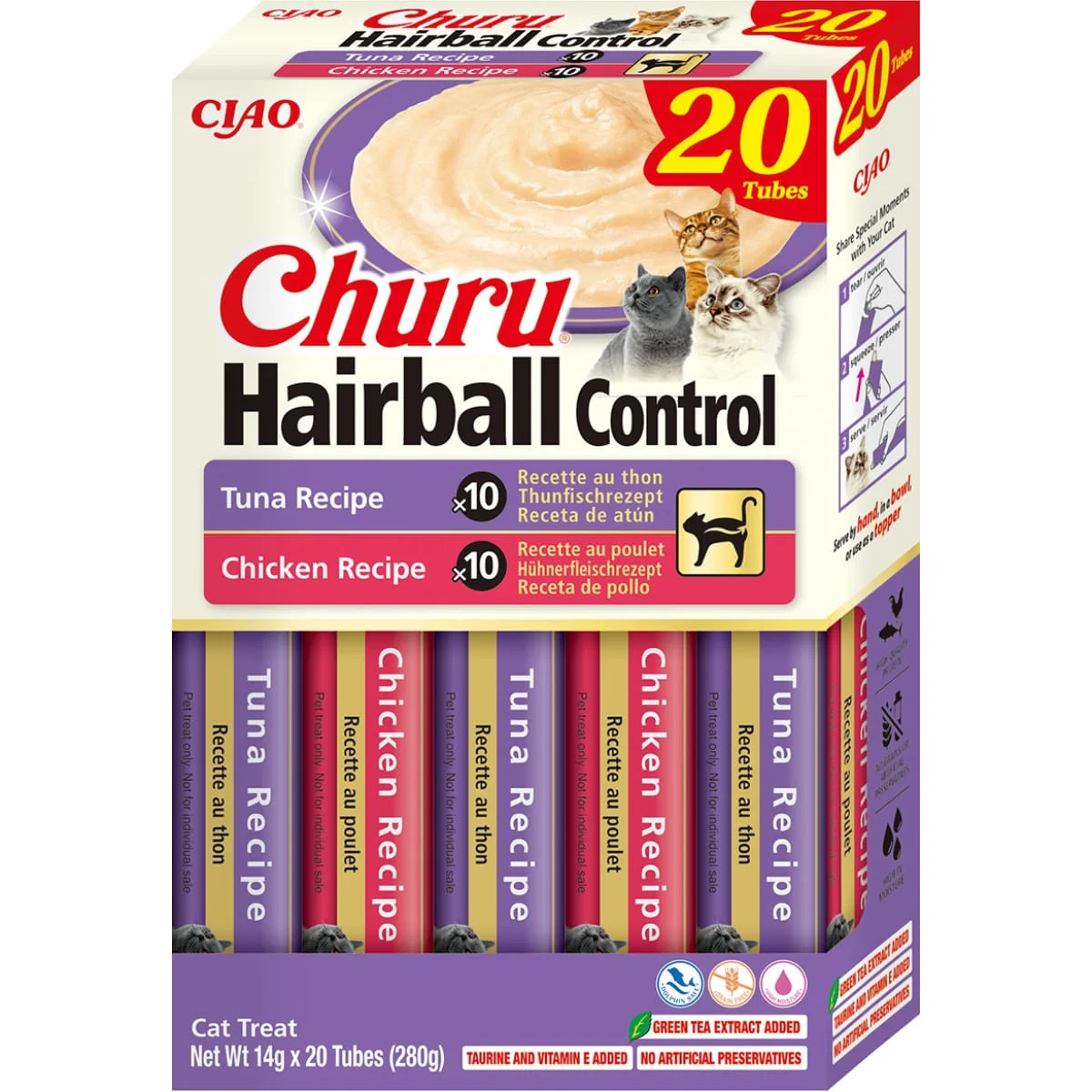 INABA Churu Hairball Control Varieties, Pui și Ton, cutie recompense fără cereale pisici, limitarea ghemurilor de blană, (piure), 280g