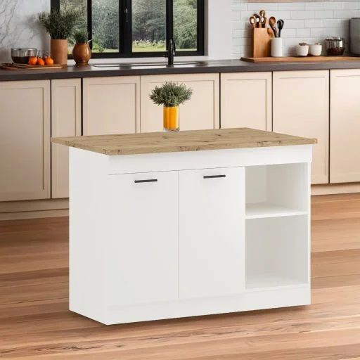 Insula Bucatarie Vigra, Stejar Artisan/Alb, 122 x 76 x 90 cm