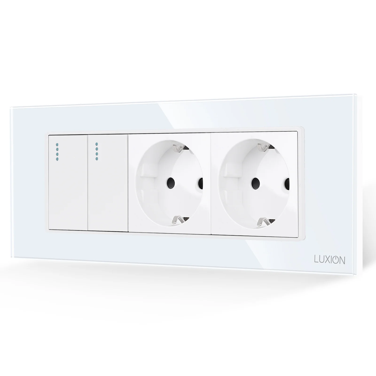 Intrerupator Dublu + 2 Prize cu Rama din Sticla LUXION, Standard Italian, 6M