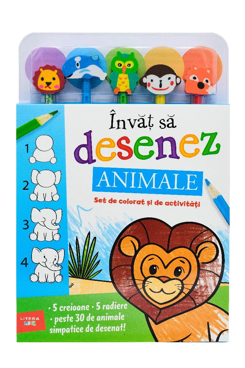 Invat sa desenez. Animale. Set de colorat si de activitati (contine 5 creioane si 5 radiere)