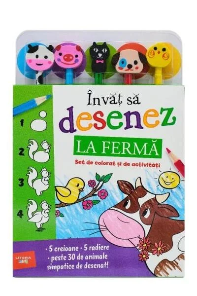 Învăț să desenez. La fermă. Set de colorat și de activități (conține 5 creioane și 5 radiere) - Paperback brosat - *** - Litera mică