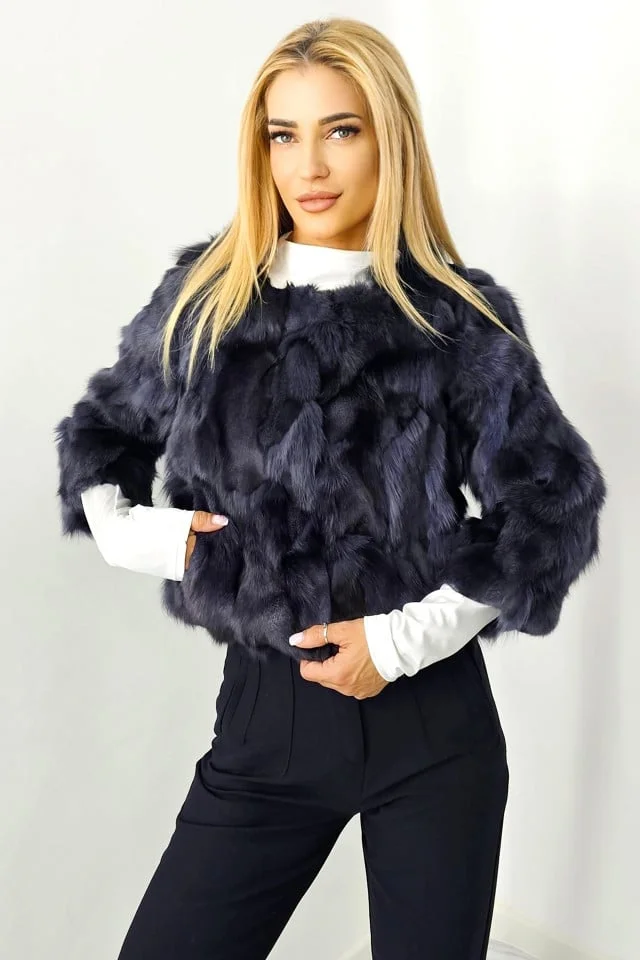 Jacheta scurta Benjo, din blana naturala de vulpe, Gri