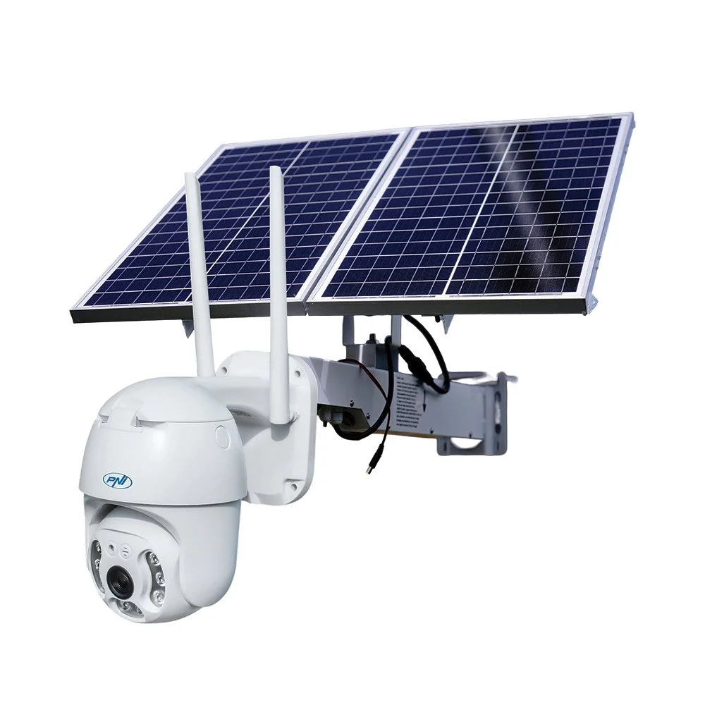 Kit camera supraveghere PTZ rotativa cu panou solar PNI IP65, 5 MP, 3.6 mm, panou 60W, IR/lumina alba 30 m, GSM 3G/4G, microfon si difuzor, slot card