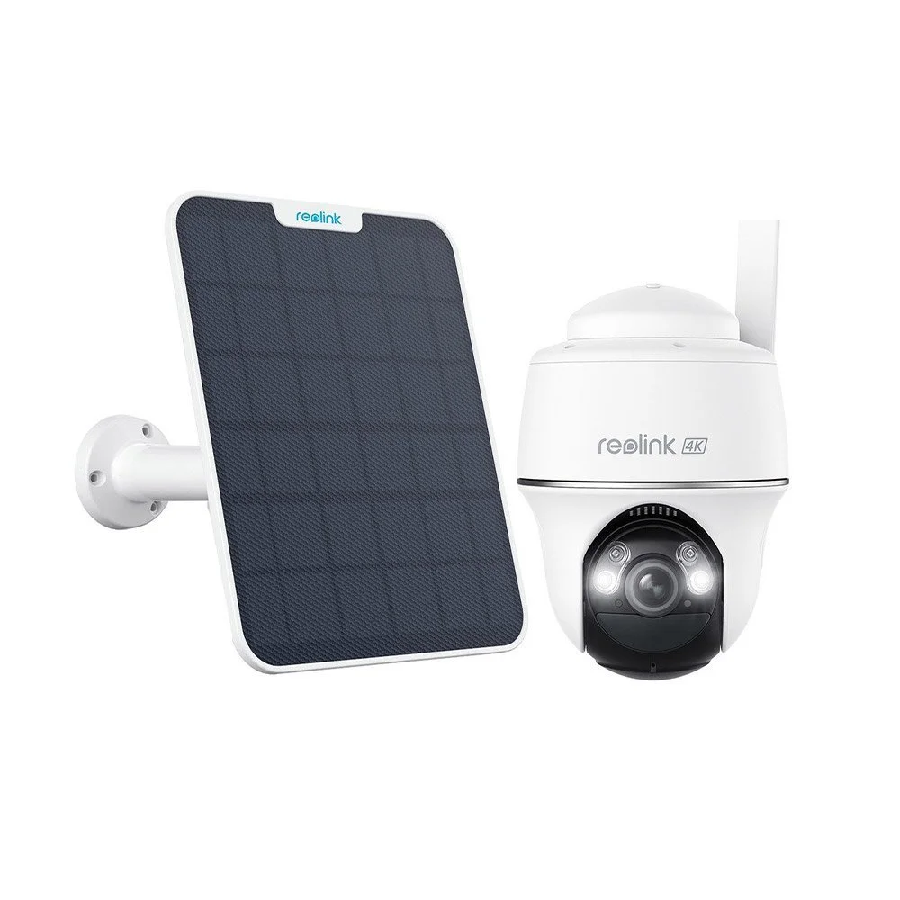 Kit camera supraveghere wireless WiFi rotativa Speed Dome cu panou solar Reolink Argus PT Ultra B440, 4K, IR/lumina alba 10 m, microfon si difuzor, dual band, PIR, acumulator, + card 64GB inclus