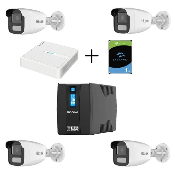 Kit NVR 4 porturi POE, HDD 1TB, UPS 900VA si 4 camere 4MP, lentila 4mm, Dual light, IR 50m, microfon, PoE, IP67