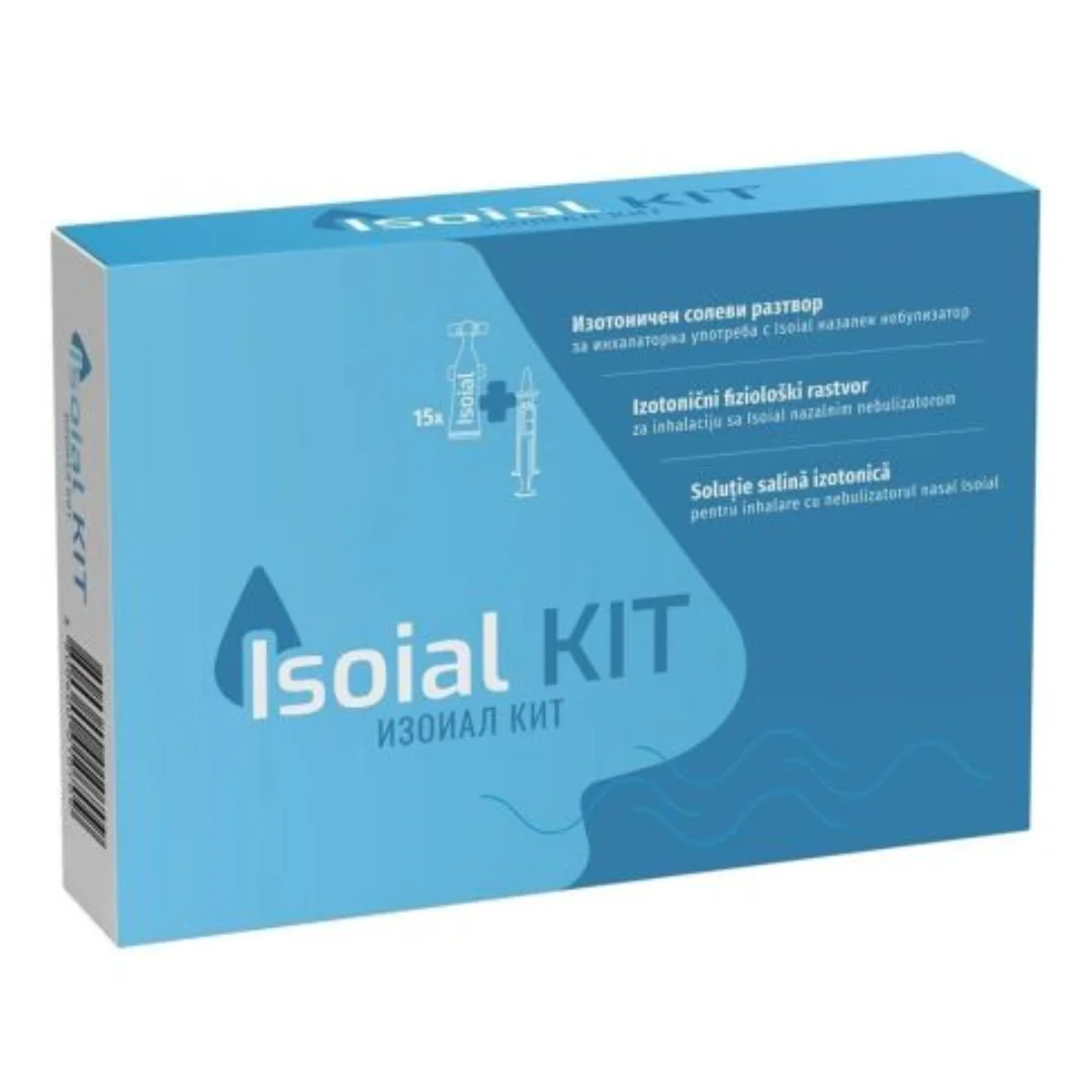 Kit solutie salina pentru nas infundat + nebulizator nazal, 15 flacoane*5 ml, Isoial
