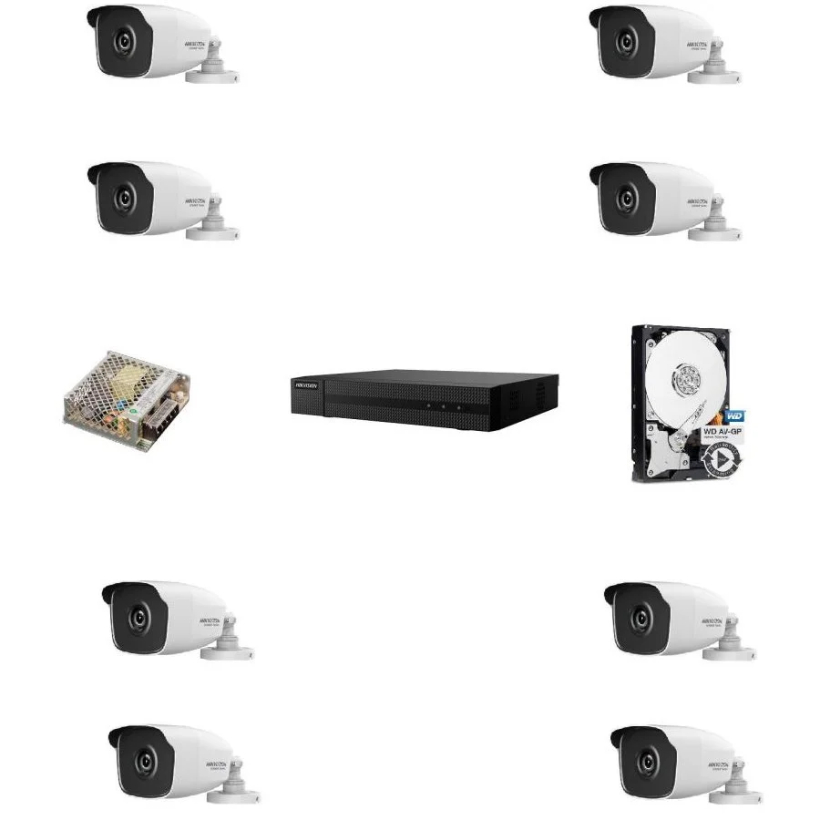 Kit supraveghere cu 8 camere de exterior 2 Megapixel Hikvision HiWatch, IR 40m