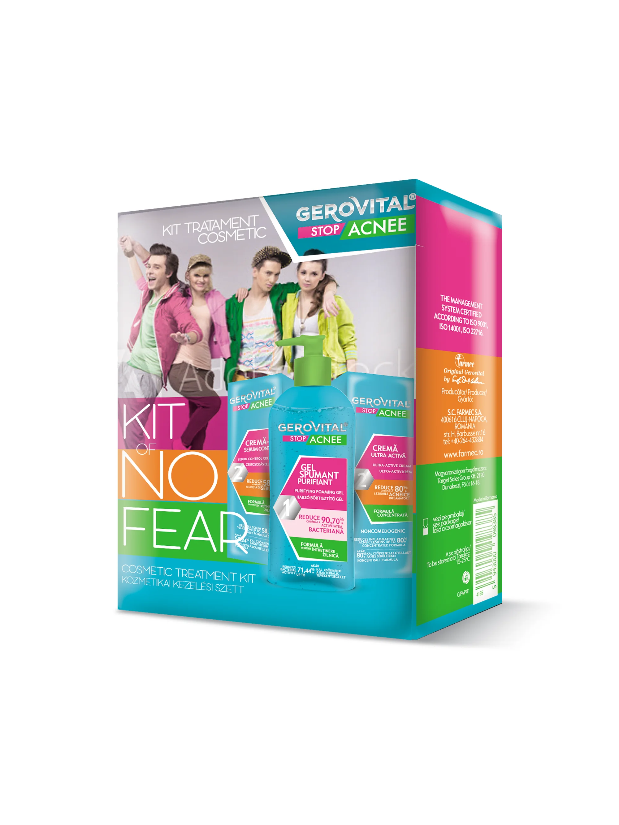 Kit Tratament Antiacnee: Gel De Curățare Spumant, Cremă Antiacneică Ultra-activă, Cremă Sebum Control Matifiantă, Gerovital Stop Acnee