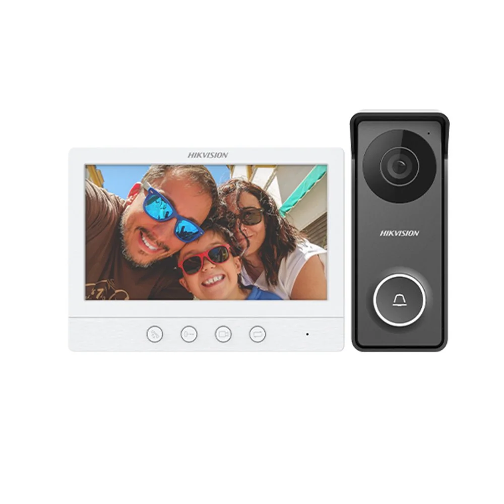 Kit videointerfon pe 4 fire Hikvision DS-KIS213, LCD 7 inch, 1 familie, aparent, plug & play
