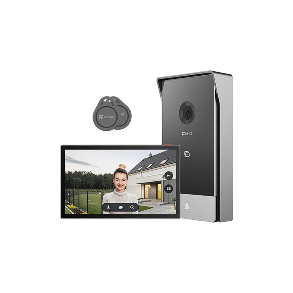 Kit videointerfon smart WiFi dual band cu sonerie EZVIZ CS-HP5-2MP, 2 MP, 2.0 mm, RFID, IR 6 m, 2.4-5 GHz, 7 inch, aplicatie mobila,  montaj 2 sau 4 fire, slot card