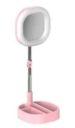 Lampa circulara patrata de machiaj cu oglinda si suport telefon/accesorii