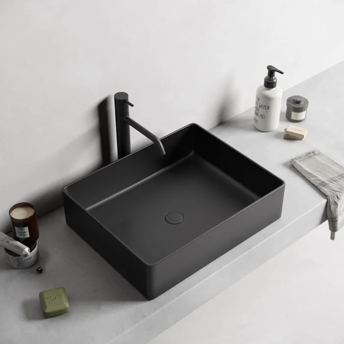 Lavoar baie dreptunghiular pe blat, negru mat, fara ventil, Foglia, Color