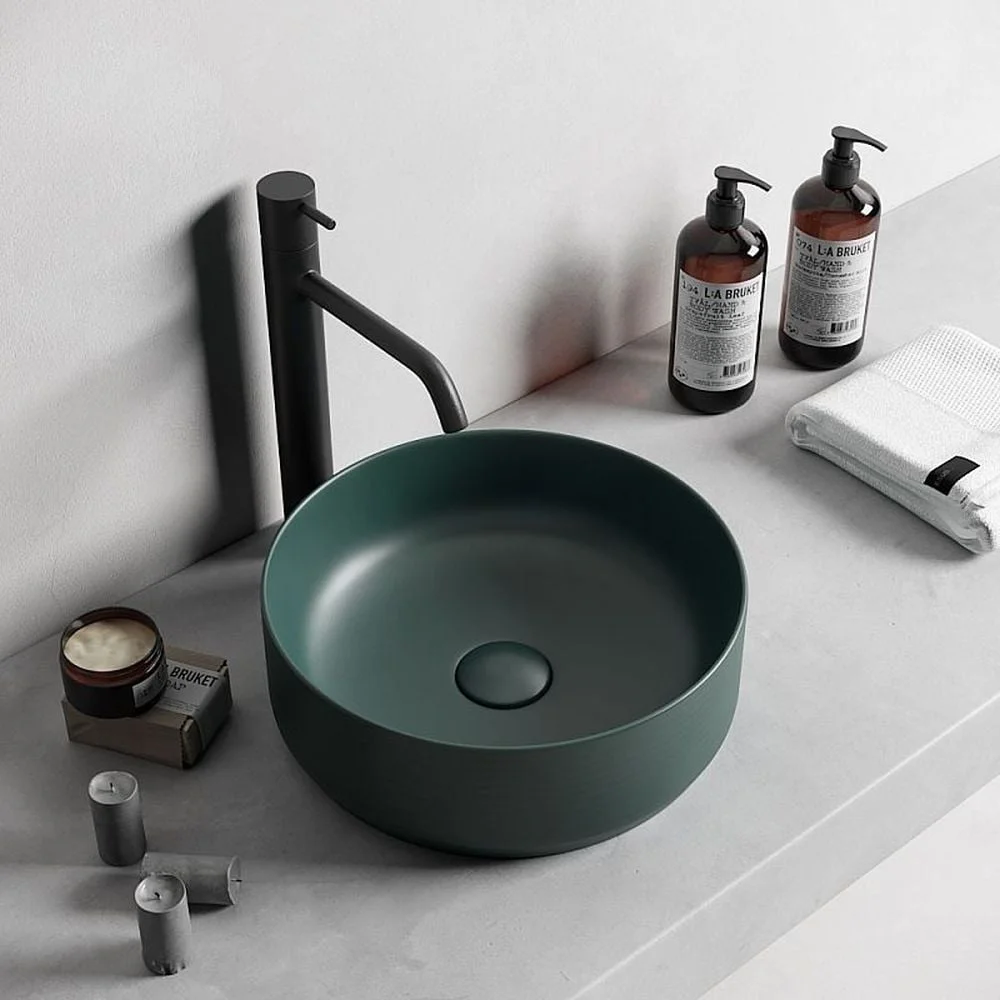 Lavoar baie pe blat, verde inchis mat, rotund, linii 3D Foglia Line