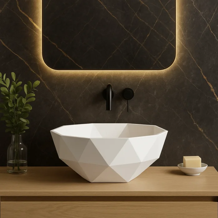 Lavoar de baie compozit cu montare pe blat, alb, oval, Foglia 3D Bowl