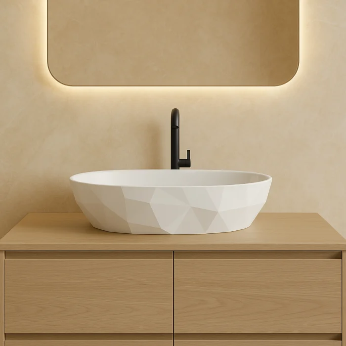 Lavoar pe blat din compozit alb lucios 56 cm, oval, 3D,  Foglia Armonia Slim