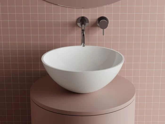 Lavoar rotund, 38x15 cm, pe blat, din compozit, alb lucios, Foglia Rico